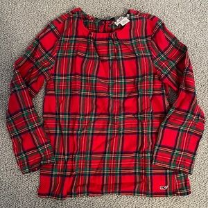 Vineyard Vines plaid holiday top with navy bow in back, and sweet pockets!